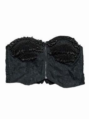 70s European Vintage Beaded Bustier Corset Jacquard Floral Top (Black) Large